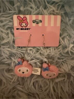 Sanrio My Melody Plush Pink Earrings with Blue Bows